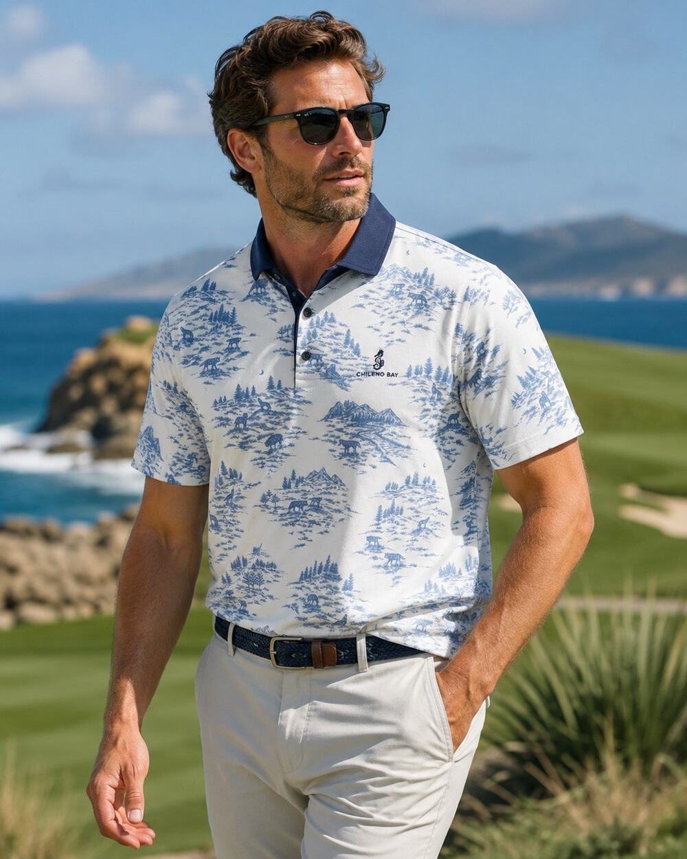 Greyson Wolf Toile Performance Golf Polo Shirt Mens Large Chileno Bay White